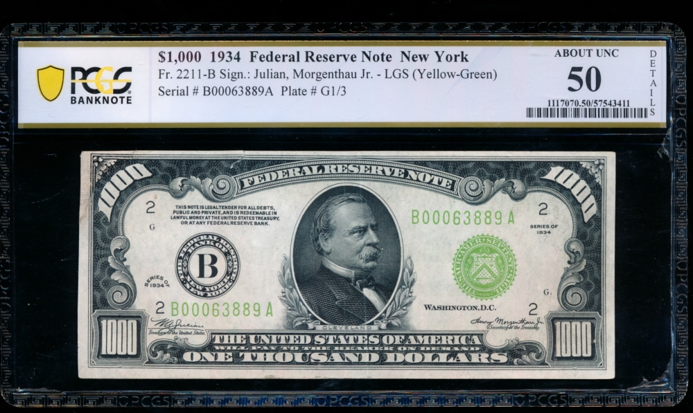 Fr. 2211-B 1934 $1,000  Federal Reserve Note New York LGS PCGS 50 details B00063889A