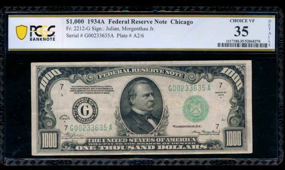 Fr. 2212-G 1934A $1,000  Federal Reserve Note Chicago PCGS 35 details G00233635A
