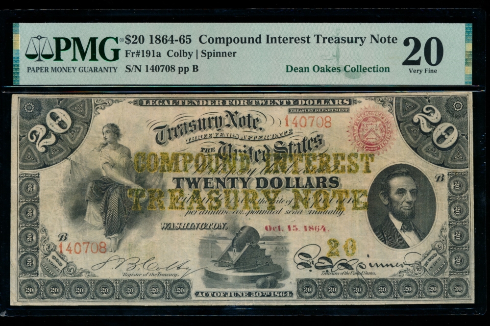 Fr. 191a 1864 $20  Compound Interest Treasury Note  PMG 20 comment 140708