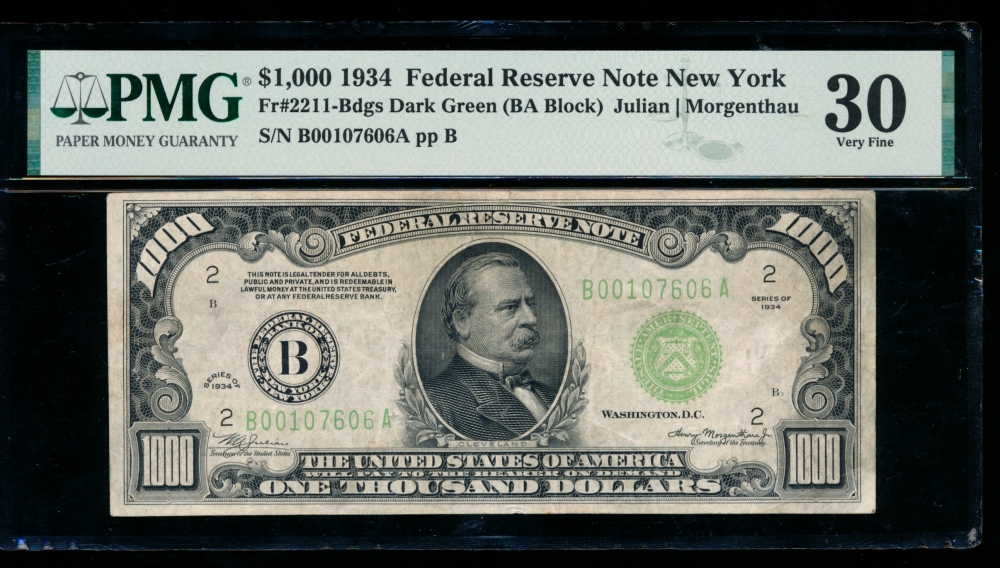 Fr. 2211-B 1934 $1,000  Federal Reserve Note New York PMG 30 B00107606A