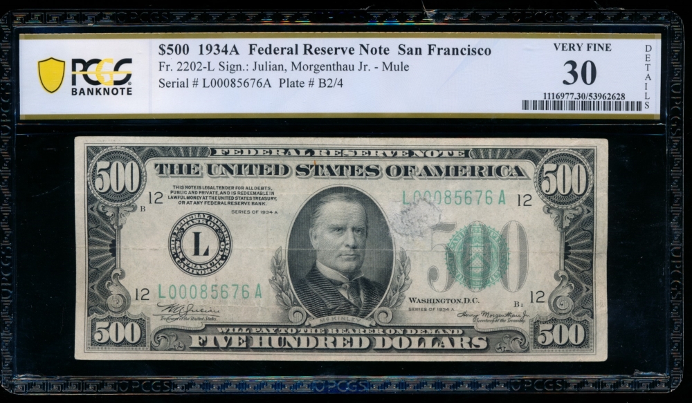 Fr. 2202-L 1934A $500  Federal Reserve Note San Francisco LGS PCGS 30 details L00085676A