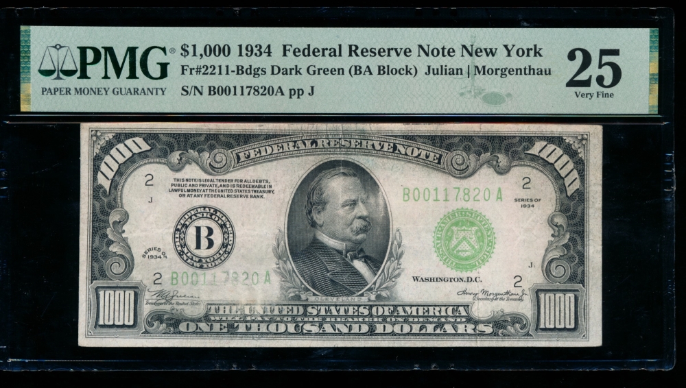 Fr. 2211-B 1934 $1,000  Federal Reserve Note New York PMG 25 comment B00117820A