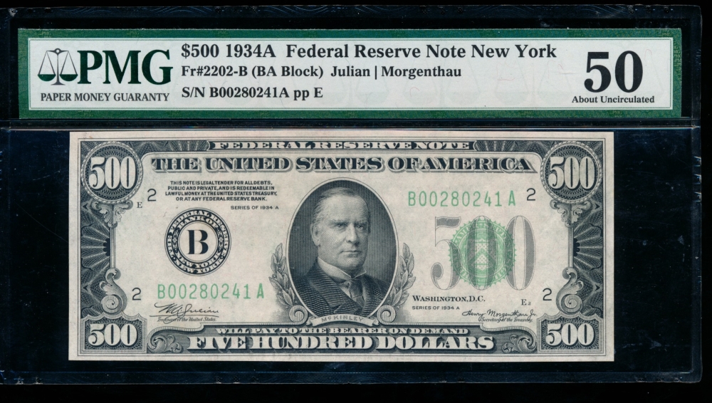 Fr. 2202-B 1934A $500  Federal Reserve Note New York PMG 50 B00280241A