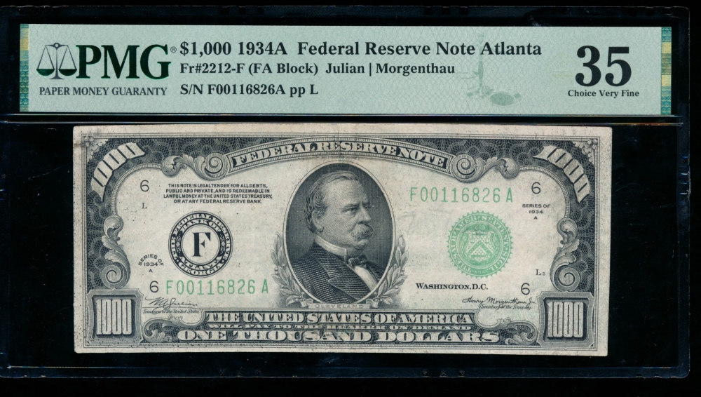 Fr. 2212-F 1934A $1,000  Federal Reserve Note Atlanta PMG 35 F00116826A