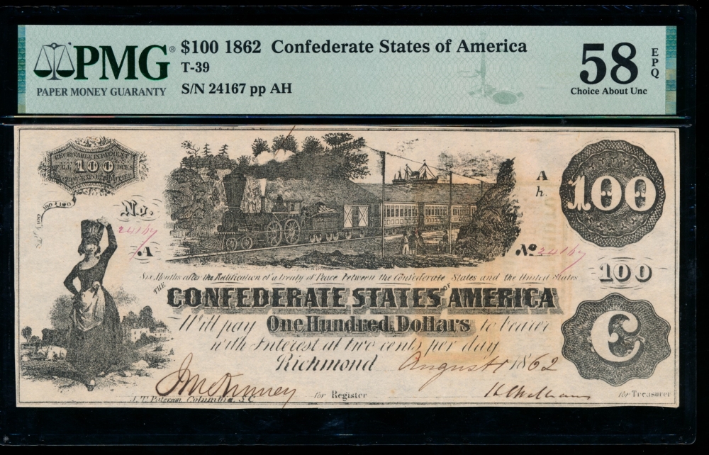 Fr. T-39 1862 $100  Confederate  PMG 58EPQ 241676