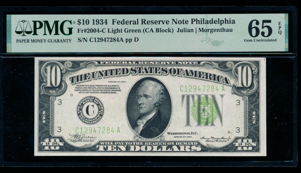 Fr. 2004-C 1934 $10  Federal Reserve Note Philadelphia LGS PMG 65EPQ C12947284A
