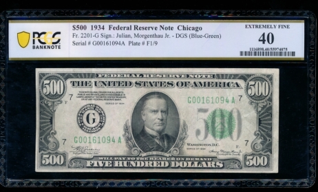 Fr. 2201-G 1934 $500  Federal Reserve Note Chicago PCGS 40 G00161094A