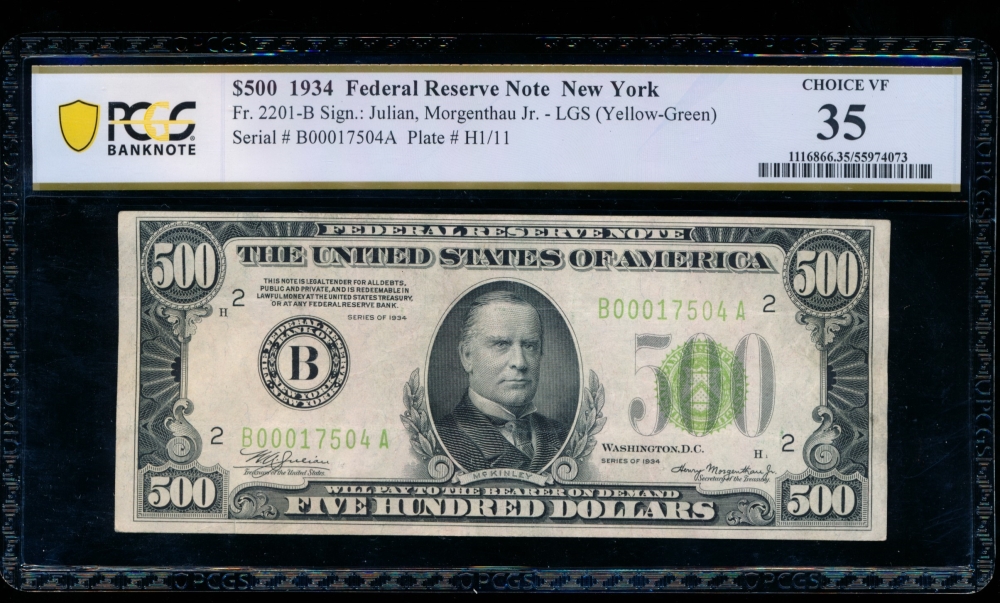 Fr. 2201-B 1934 $500  Federal Reserve Note New York LGS PCGS 35 comment B00017504A