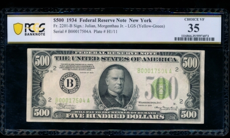 Fr. 2201-B 1934 $500  Federal Reserve Note New York LGS PCGS 35 comment B00017504A