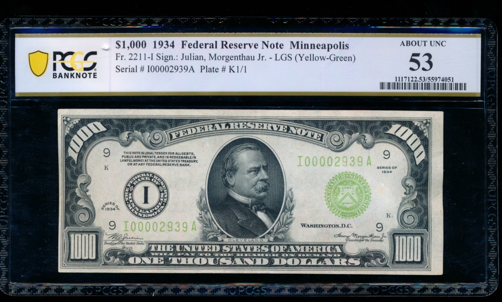 Fr. 2211-I 1934 $1,000  Federal Reserve Note Minneapolis LGS PCGS 53 I00002939A