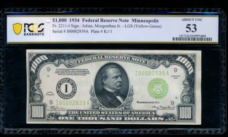 Fr. 2211-I 1934 $1,000  Federal Reserve Note Minneapolis LGS PCGS 53 I00002939A