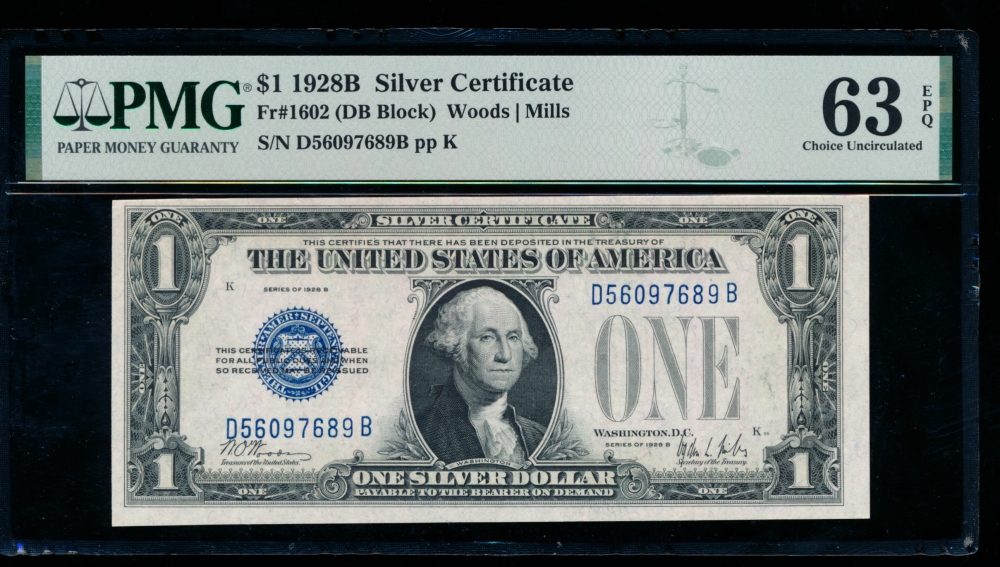 Fr. 1602 1928B $1  Silver Certificate DB block PMG 63EPQ D56097679B