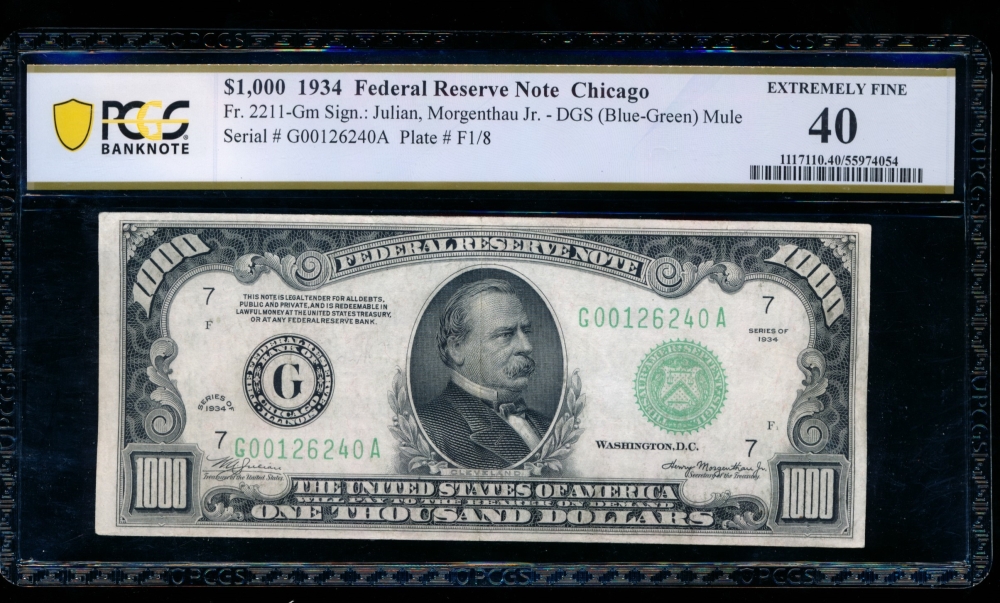 Fr. 2211-G 1934 $1,000  Federal Reserve Note Chicago PCGS 40 G00126240A