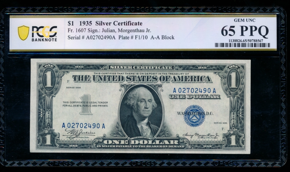 Fr. 1607 1935 $1  Silver Certificate AA block PCGS 65PPQ A02702490A