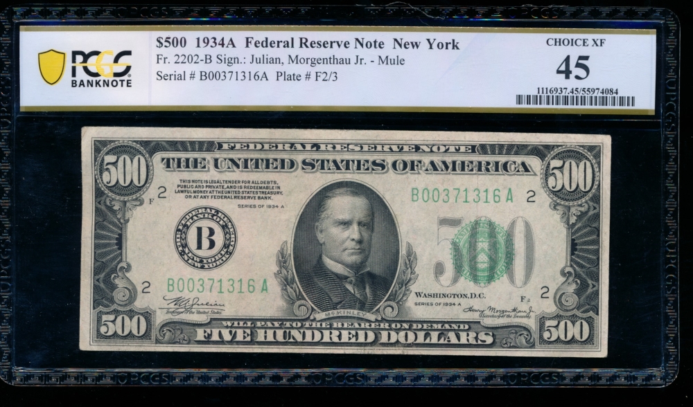 Fr. 2202-B 1934A $500  Federal Reserve Note New York PCGS 45 B00371316A