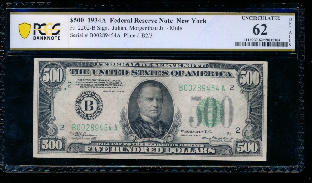 Fr. 2202-B 1934A $500  Federal Reserve Note New York PCGS 62 details B00289454A