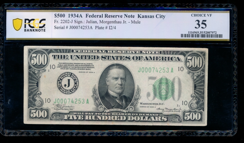 Fr. 2202-J 1934A $500  Federal Reserve Note Kansas City PCGS 35 comment J00074253A