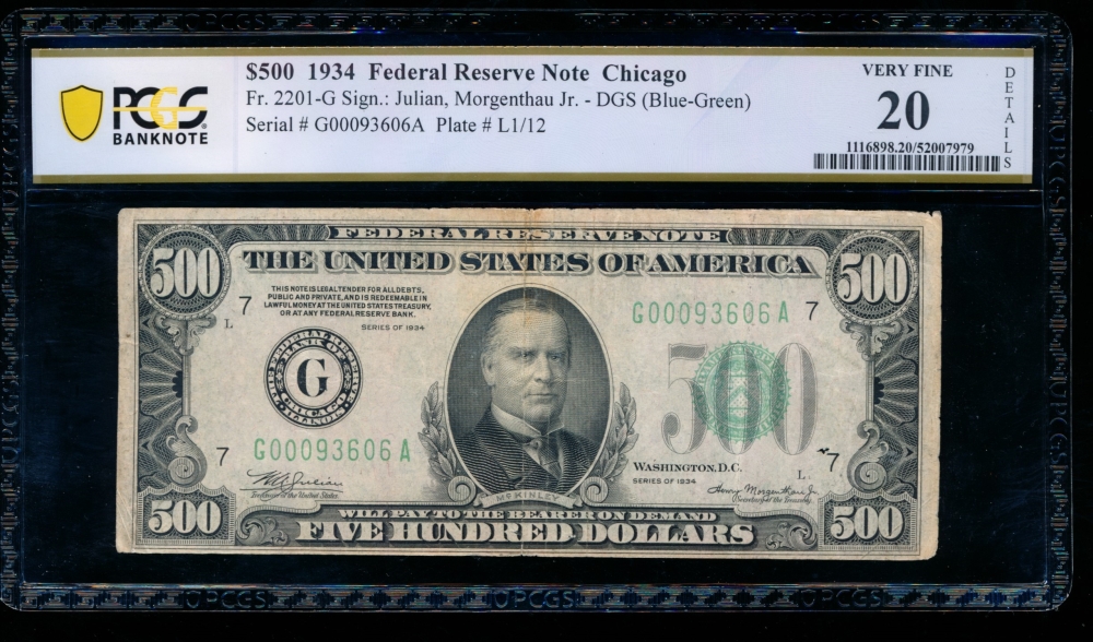 Fr. 2201-G 1934 $500  Federal Reserve Note Chicago PCGS 20 details G00093606A