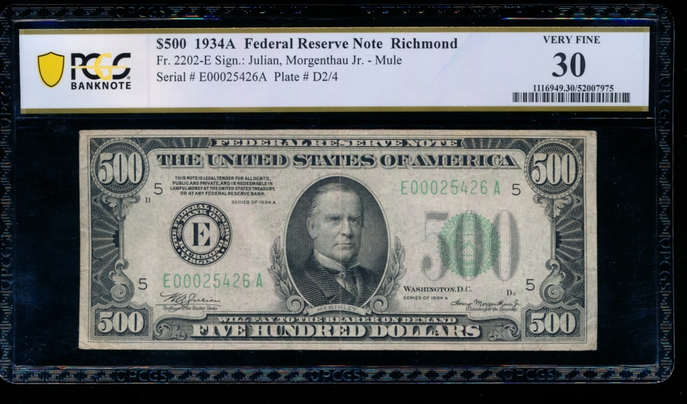 Fr. 2202-E 1934A $500  Federal Reserve Note Richmond PCGS 30 E00025426A