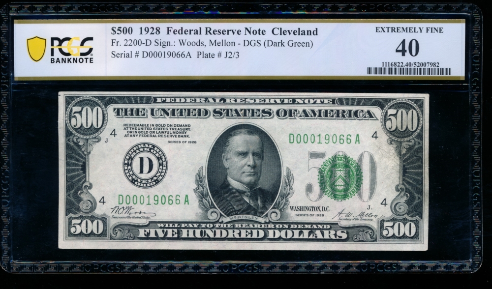 Fr. 2200-D 1928 $500  Federal Reserve Note Cleveland PCGS 40 D00019066A