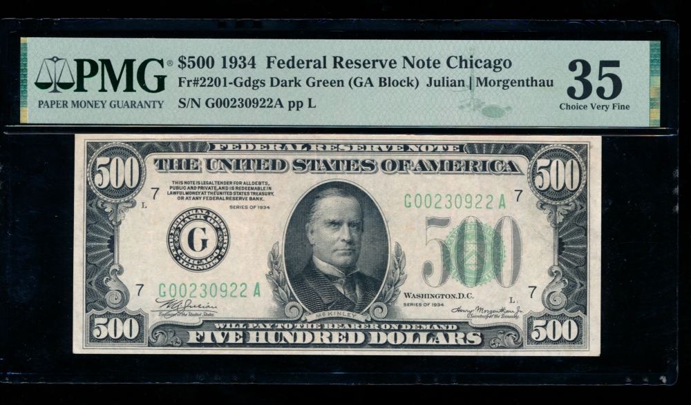 Fr. 2201-G 1934 $500  Federal Reserve Note Chicago PMG 35 comment G00230922A