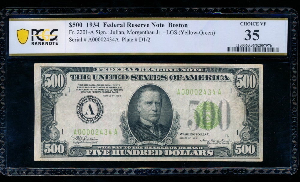 Fr. 2201-A 1934 $500  Federal Reserve Note Boston LGS PCGS 35 A00002434A