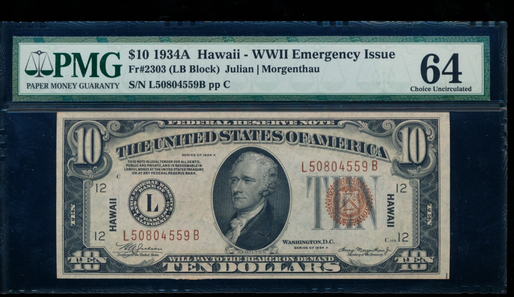 Fr. 2303 1934A $10  Hawaii  PMG 64 L50804559B
