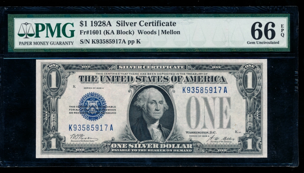 Fr. 1601 1928A $1  Silver Certificate KA block PMG 66EPQ K93585917A