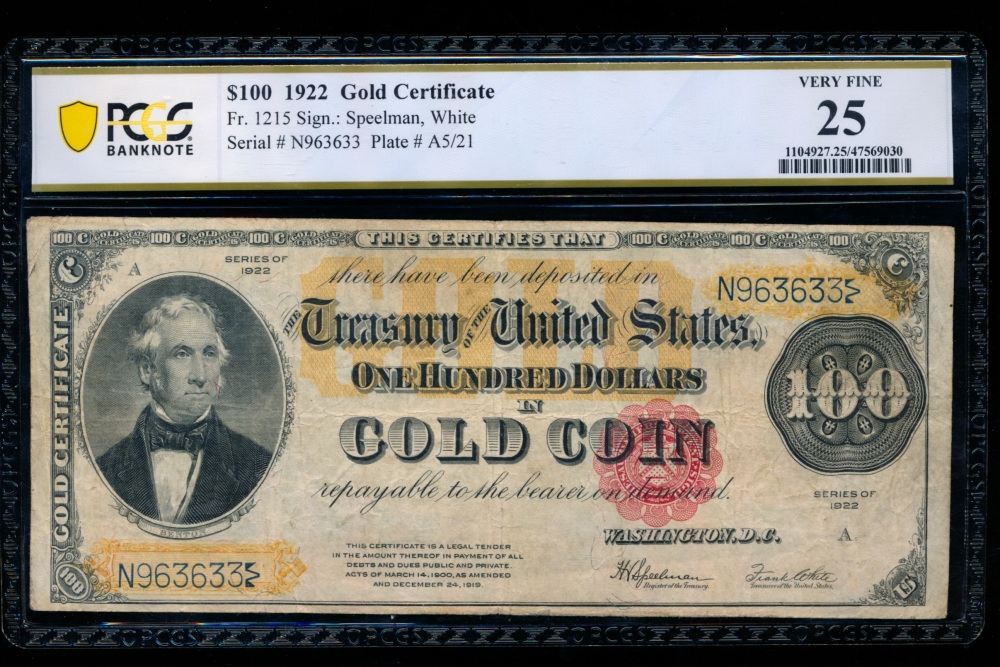 Fr. 1215 1922 $100  Gold Certificate  PCGS 25 N963633