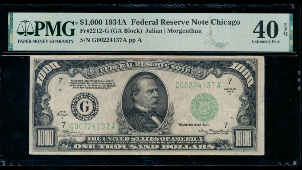 Fr. 2212-G 1934A $1,000  Federal Reserve Note Chicago PMG 40EPQ G00224137A