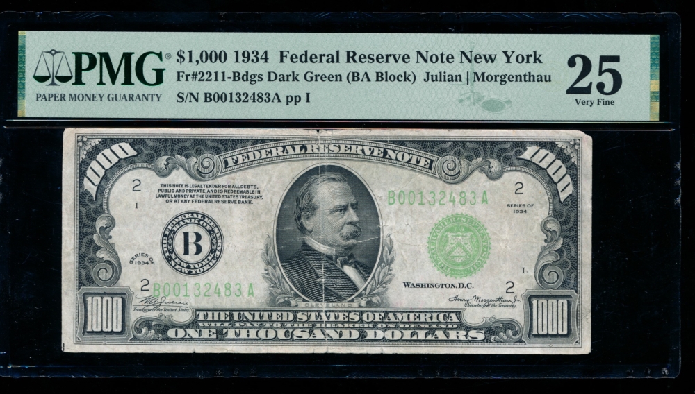 Fr. 2211-B 1934 $1,000  Federal Reserve Note New York PMG 25 comment B00132483A