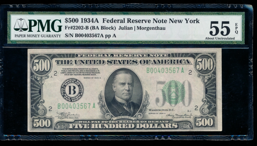 Fr. 2202-B 1934A $500  Federal Reserve Note New York PMG 55EPQ B00403567A
