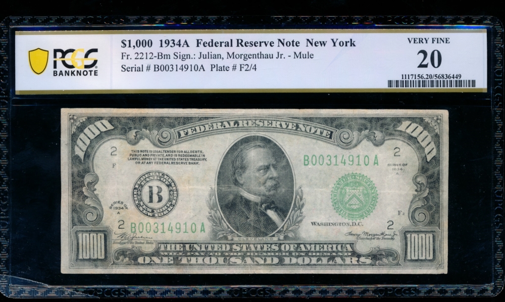 Fr. 2212-B 1934A $1,000  Federal Reserve Note New York PCGS 20 comment B00314910A
