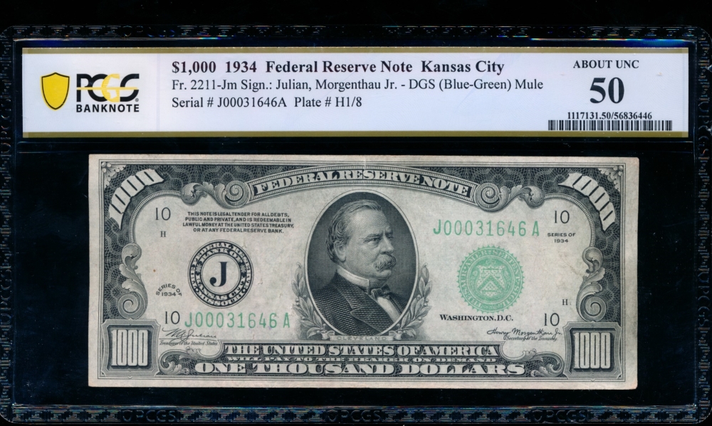 Fr. 2211-J 1934 $1,000  Federal Reserve Note Kansas City PCGS 50 comment J00031646A