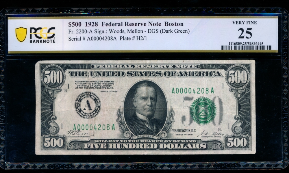 Fr. 2200-A 1928 $500  Federal Reserve Note Boston PCGS 25 A00004208A