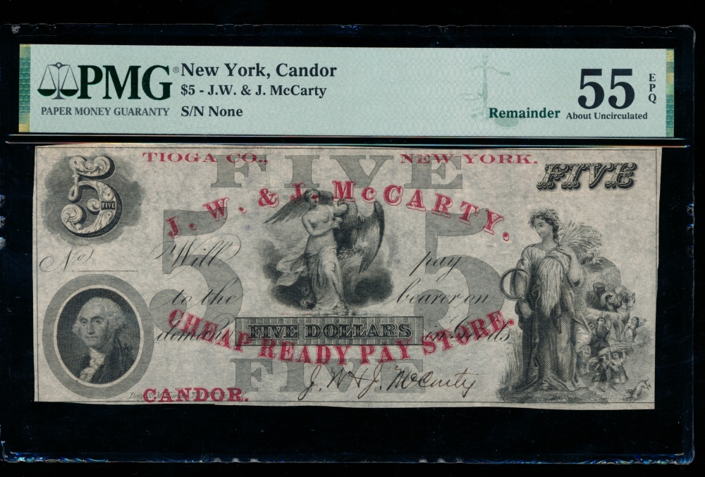 Fr. Harris H10 1850s $5  Obsolete J.W. & J. McCarty Candor, New York  no serial number