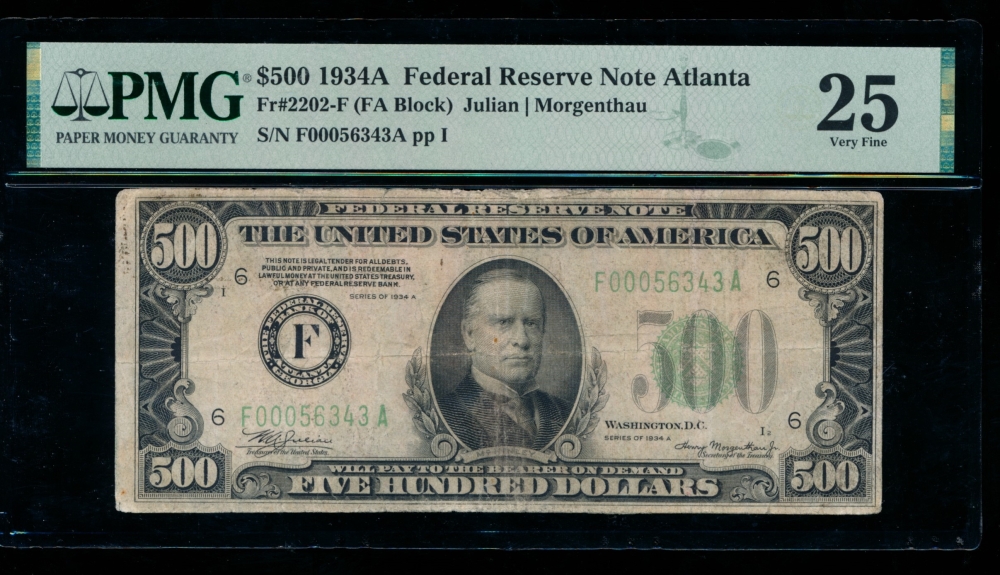Fr. 2202-F 1934A $500  Federal Reserve Note Atlanta PMG 25 comment F00056343A