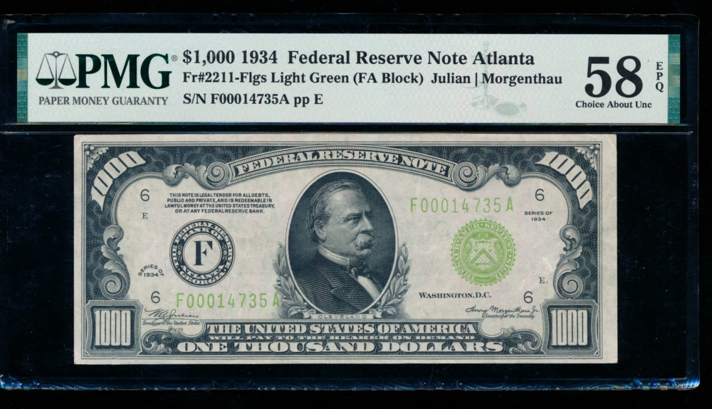 Fr. 2211-F 1934 $1,000  Federal Reserve Note Atlanta LGS PMG 58EPQ F00014735A