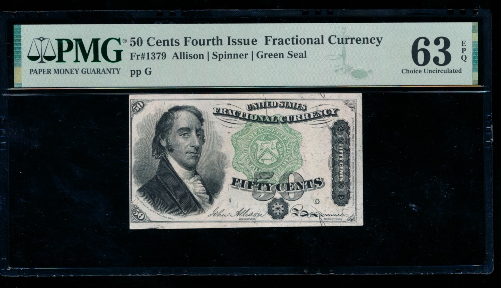 Fr. 1379 1869 $0.50  Fractional Fourth Issue: Green Seal PMG 63EPQ no serial number