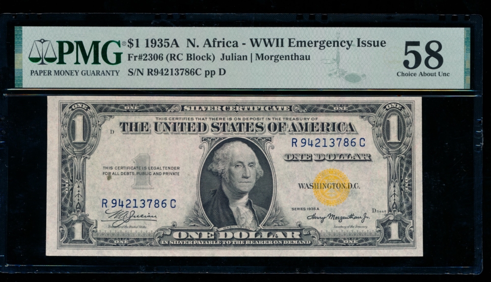 Fr. 2306 1935A $1  North Africa RC block PMG 58 R94213786C