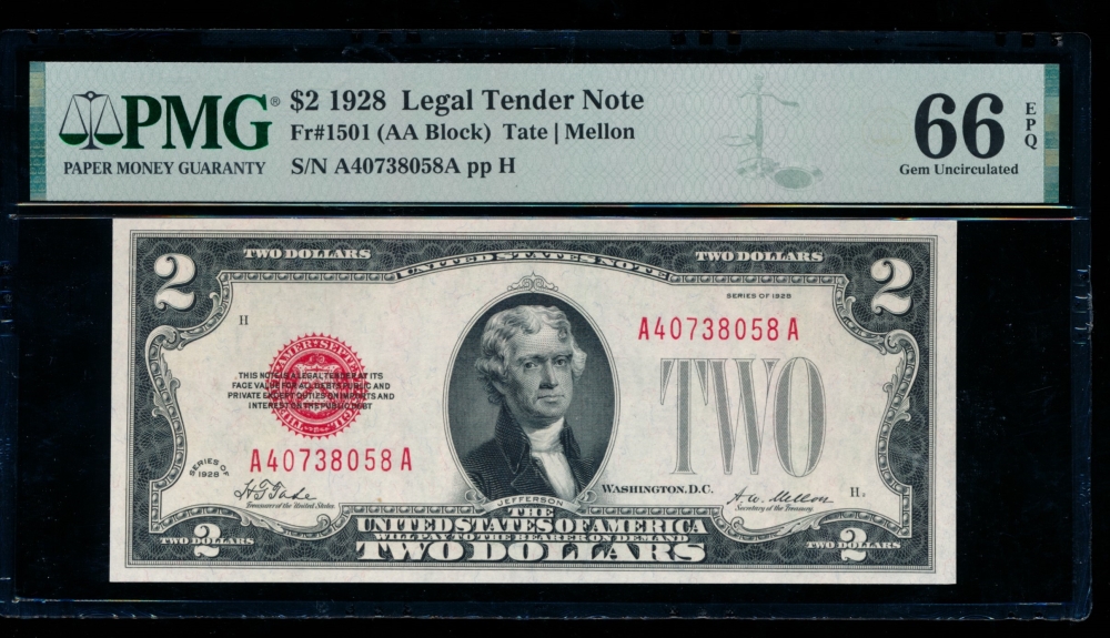 Fr. 1501 1928 $2  Legal Tender AA block PMG 66EPQ A40738058A