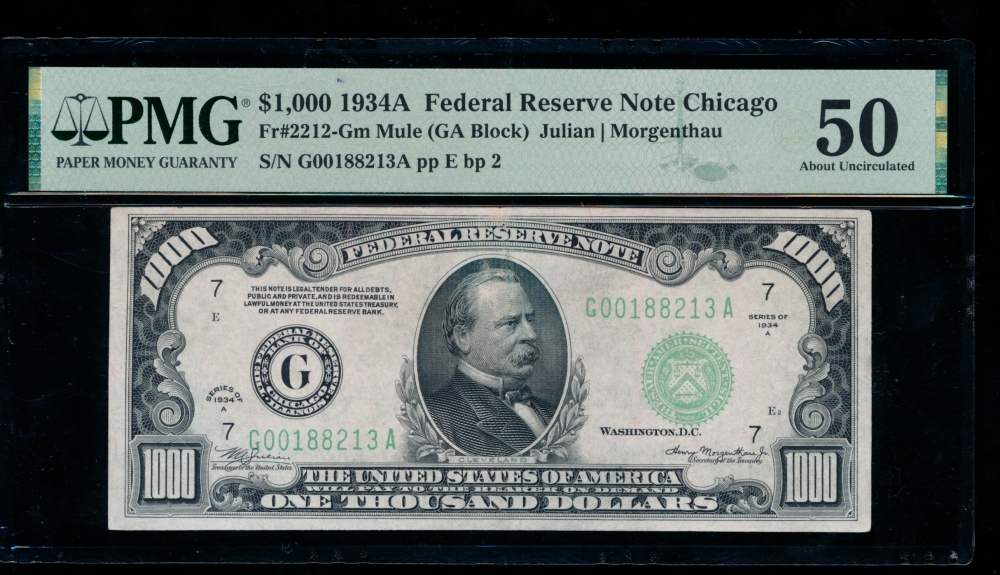 Fr. 2212-G 1934A $1,000  Federal Reserve Note Chicago PMG 50 comment G00188213A