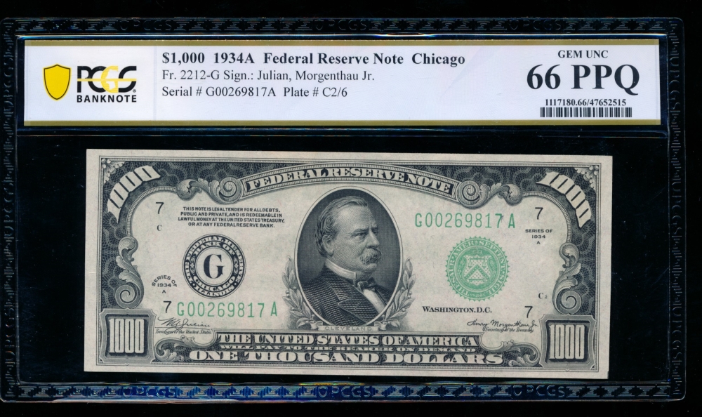 Fr. 2212-G 1934A $1,000  Federal Reserve Note Chicago PCGS 66PPQ G00269817A