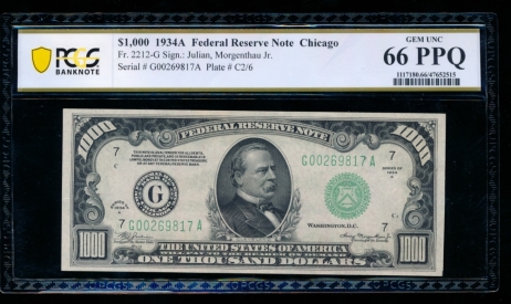 Fr. 2212-G 1934A $1,000  Federal Reserve Note Chicago PCGS 66PPQ G00269817A