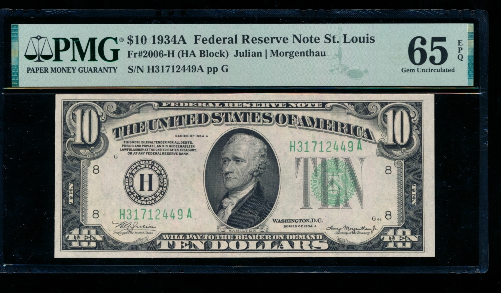 Fr. 2006-H 1934A $10  Federal Reserve Note Saint Louis PMG 65EPQ H31712449A