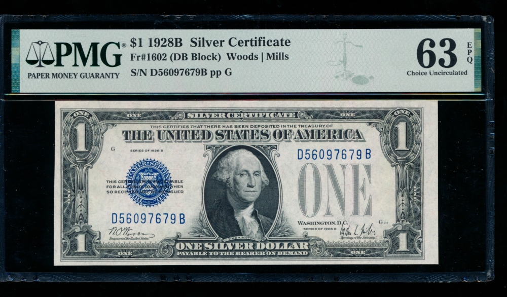 Fr. 1602 1928B $1  Silver Certificate DB block PMG 63EPQ D56097679B