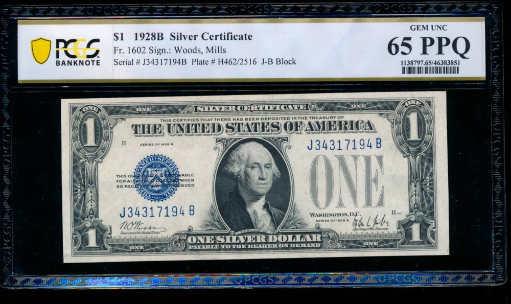 Fr. 1602 1928B $1  Silver Certificate JB block PCGS 65PPQ J34317194B