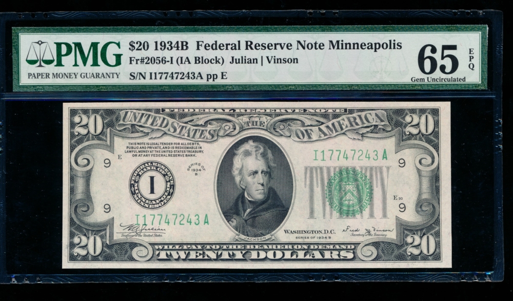 Fr. 2056-I 1934B $20  Federal Reserve Note Minneapolis PMG 65EPQ I17747243A