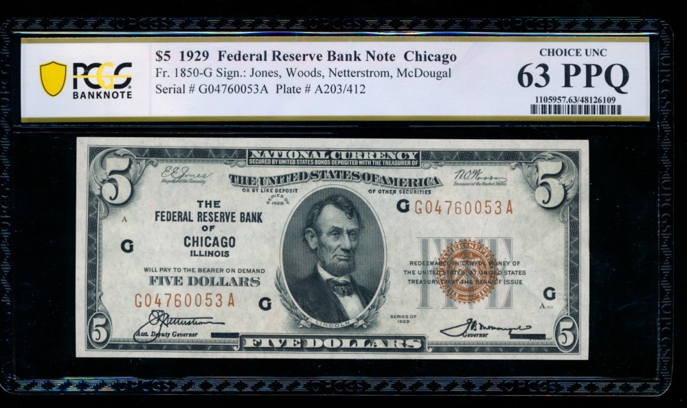 Fr. 1850-G 1929 $5  FRBN Chicago PCGS 63PPQ G04760053A