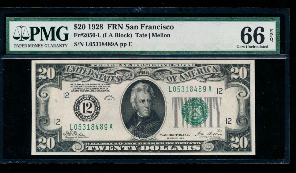 Fr. 2050-L 1928 $20  Federal Reserve Note San Francisco PMG 66EPQ L05318489A